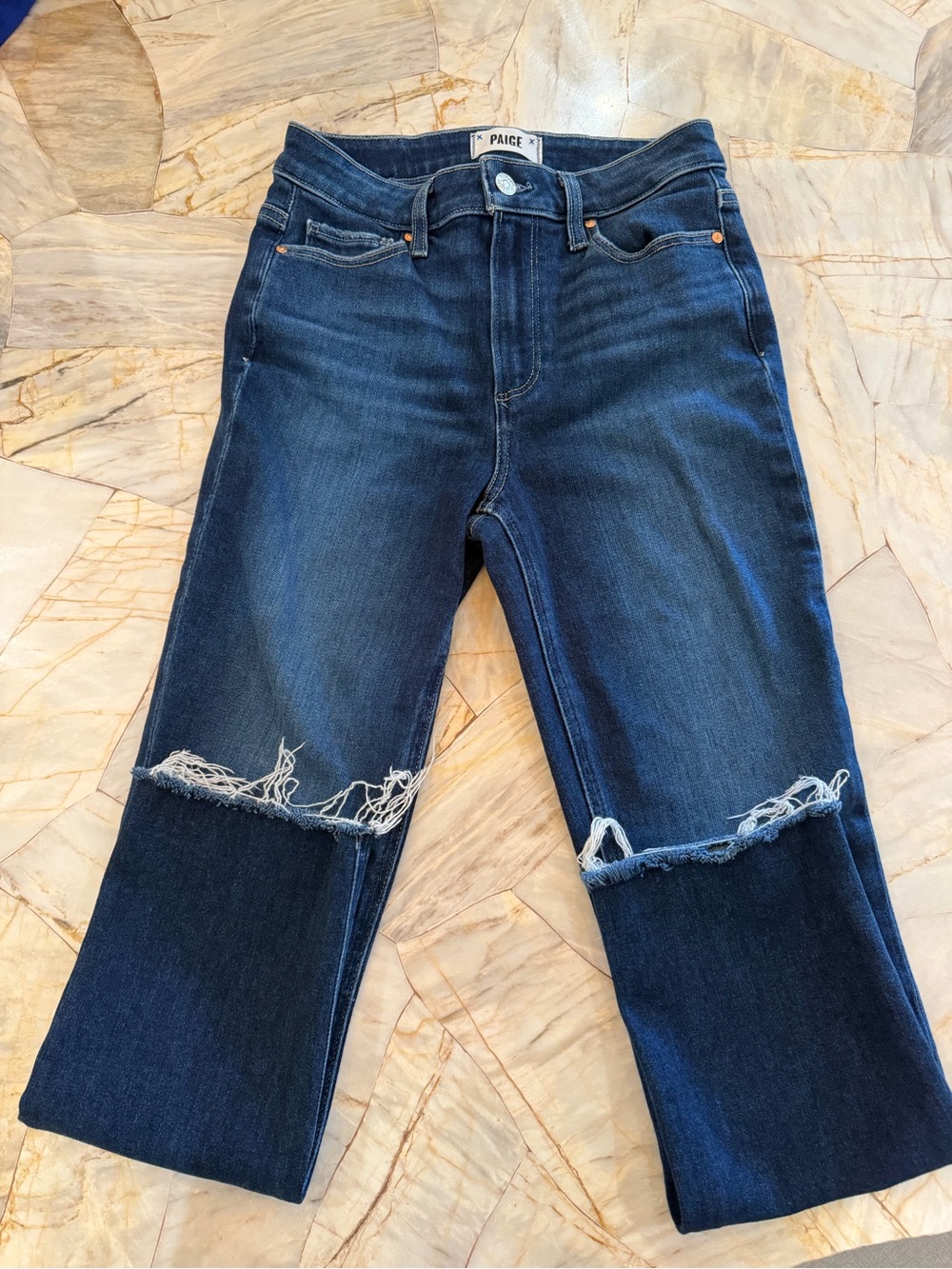 PAIGE Straight Leg Dark Blue Distressed Jeans for Women